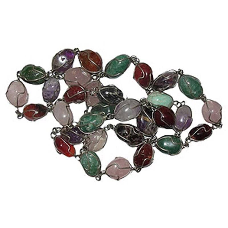 Gemstone Wire Wrap Flapper Necklace: Title:Gemstone Wire Wrap Flapper NecklaceDescription:1970s wire-wrapped gemstone flapper necklace. Features green aventurine, rose quartz, purple amethyst, carnelian, orange tiger's eye, and