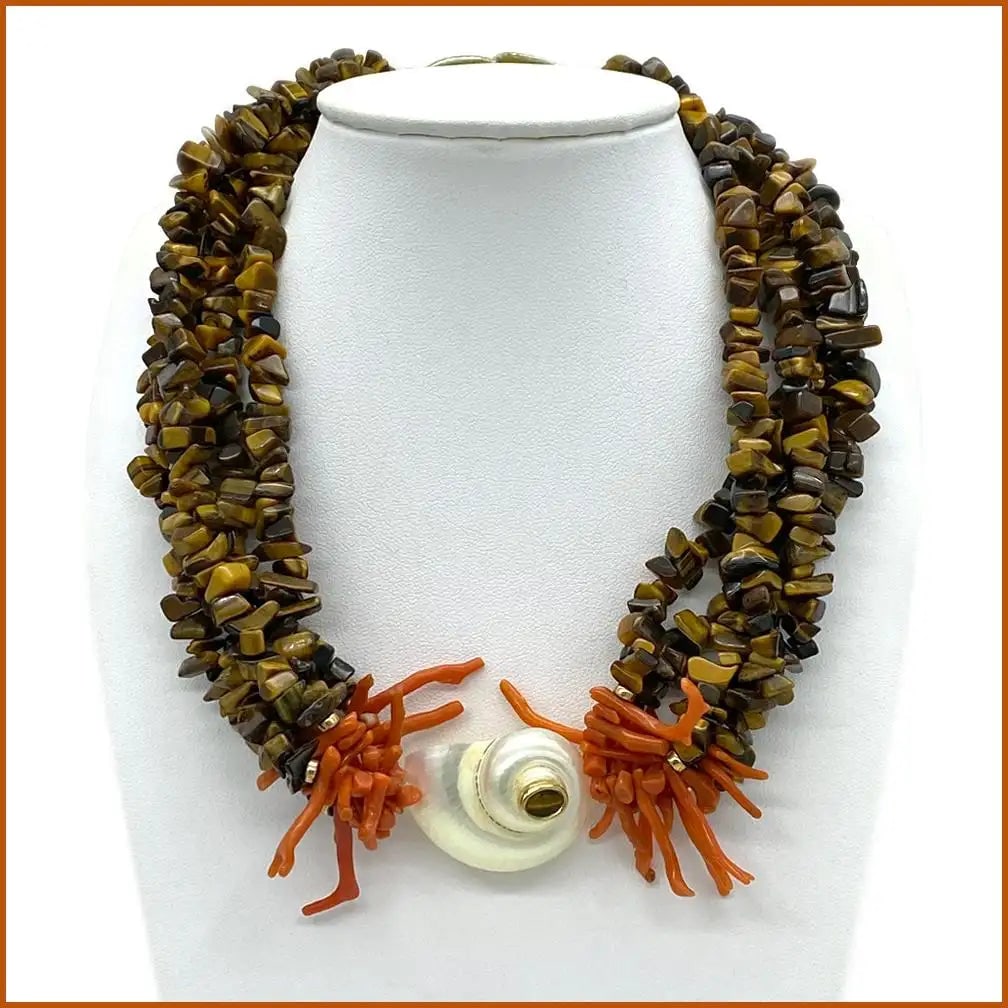 Tiger's Eye Necklace with Coral and Shell - 3