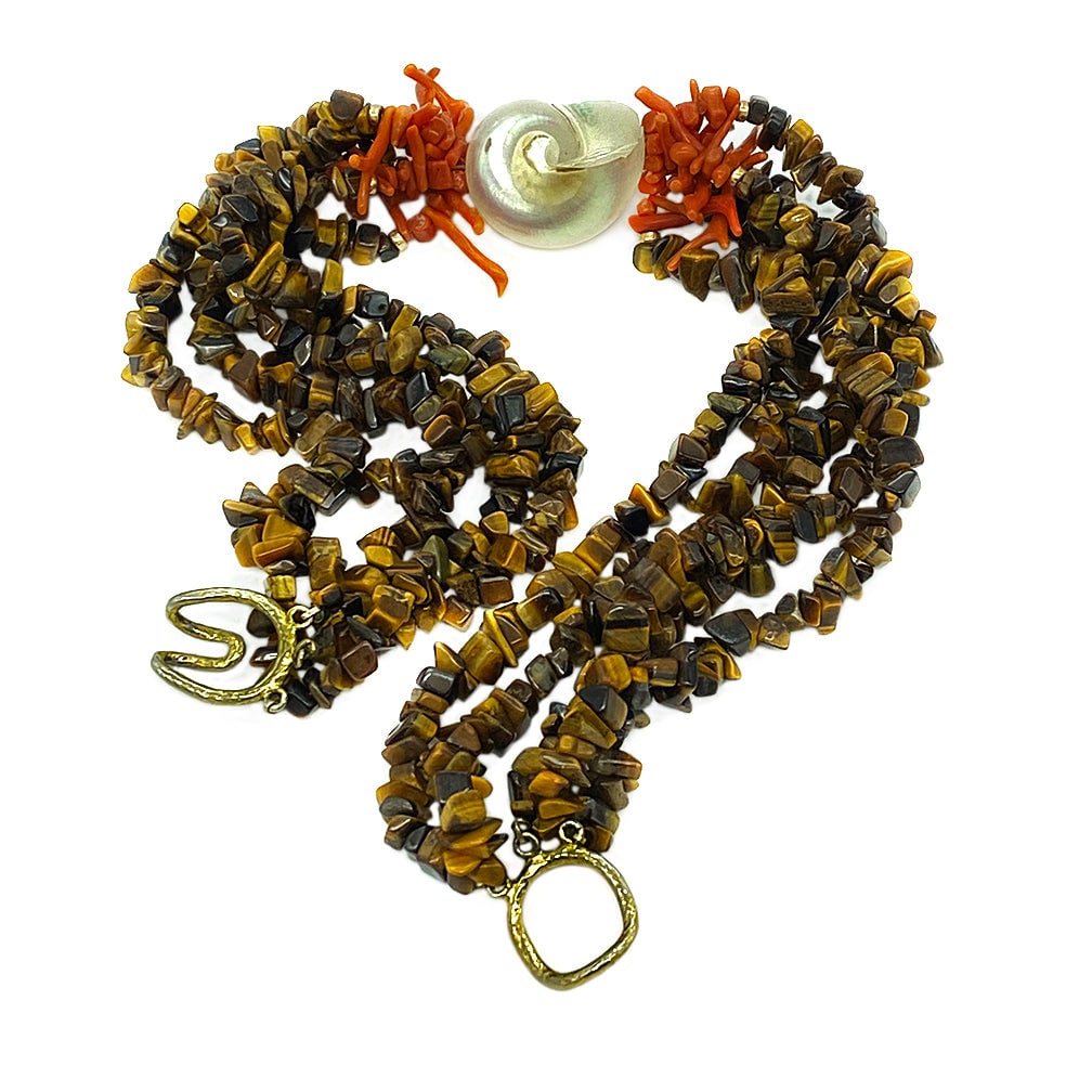 Tiger's Eye Necklace with Coral and Shell - 4