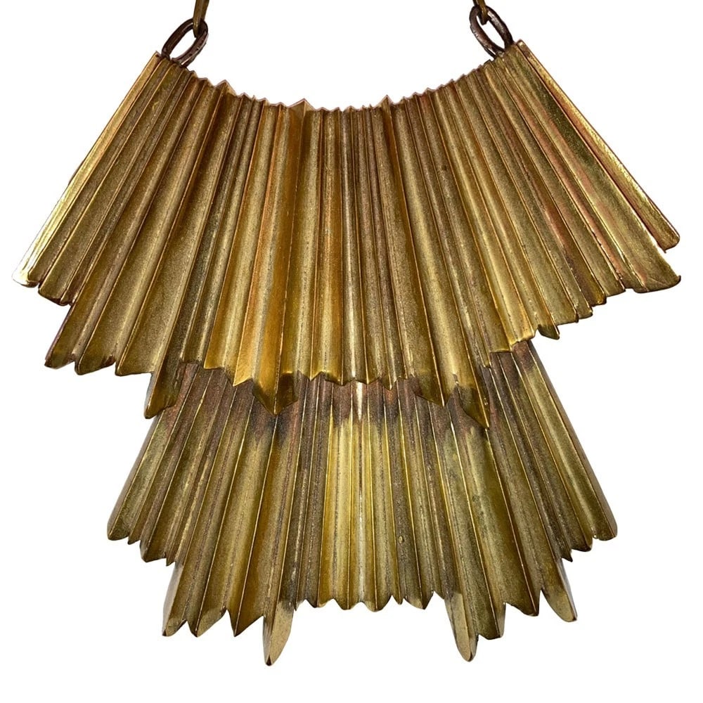 Hand Made Brass Brutalist Rippled Fringe Modernist Bib Necklace - 2
