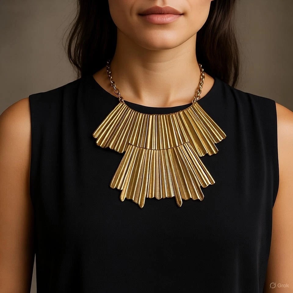 Hand Made Brass Brutalist Rippled Fringe Modernist Bib Necklace - 7