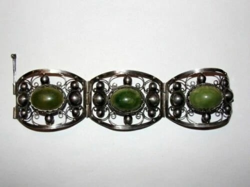 Mexican Sterling Silver Green Jade Cabochon Filigree Bracelet - 2