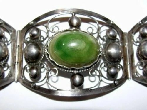 Mexican Sterling Silver Green Jade Cabochon Filigree Bracelet - 3