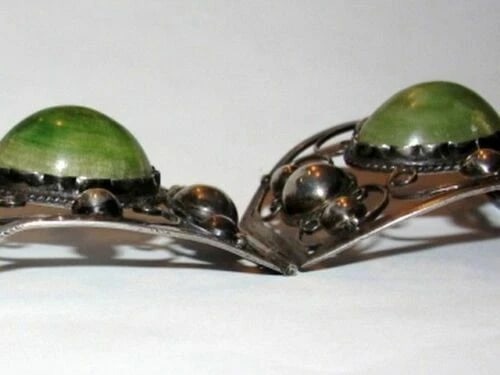 Mexican Sterling Silver Green Jade Cabochon Filigree Bracelet - 4