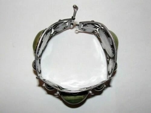 Mexican Sterling Silver Green Jade Cabochon Filigree Bracelet - 5