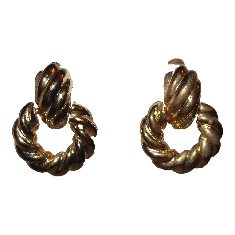 Kenneth Jay Lane Rope Door Knocker Earrings: Title:Kenneth Jay Lane Rope Door Knocker Earrings Description:1980s Kenneth Jay Lane rope twist door knocker earrings. Earrings are 18 kt gold plated over costume metal. Each earring measures 2" long