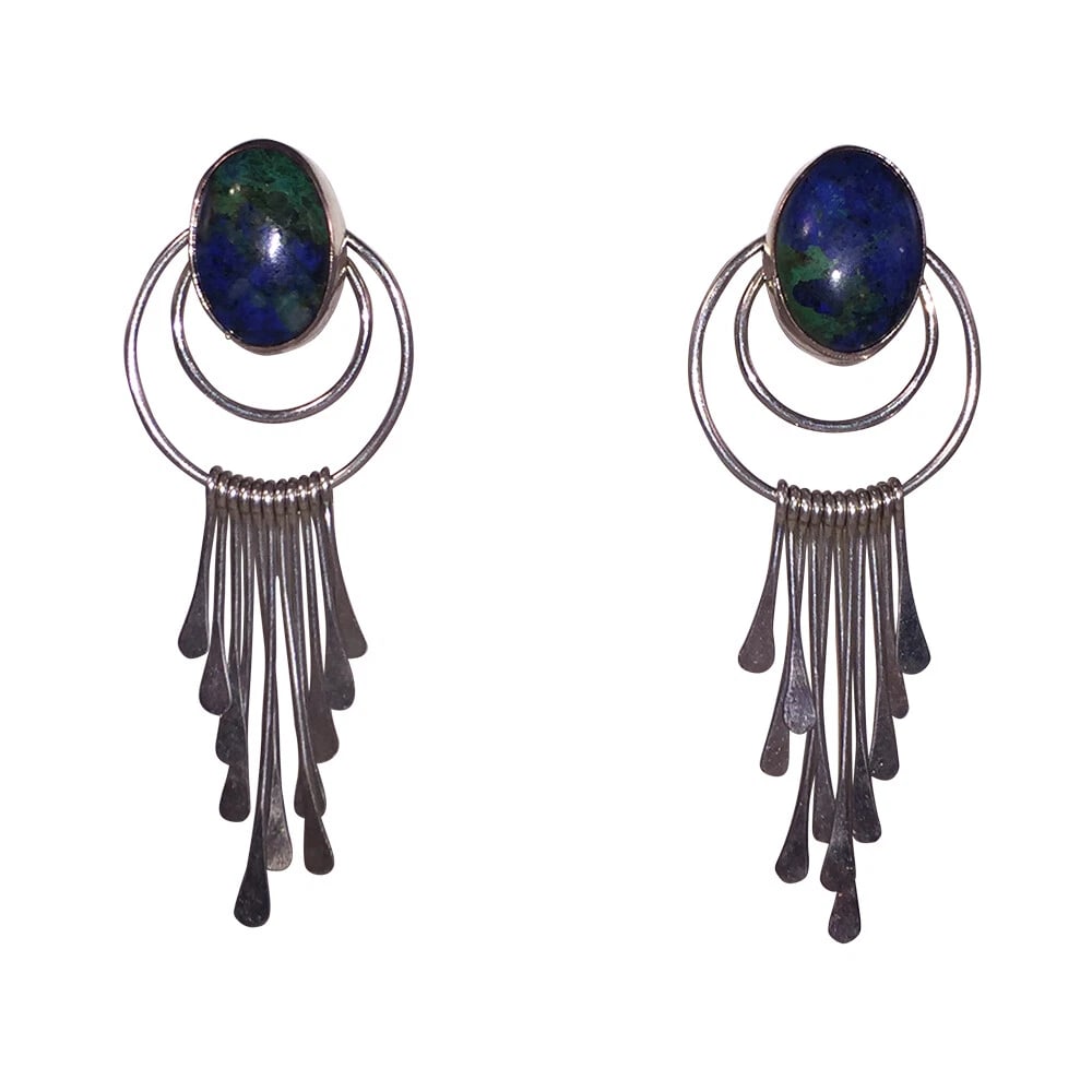 Sterling Bezel Set Chrysocolla Cabochon Dangle Chandelier Earrings - 2