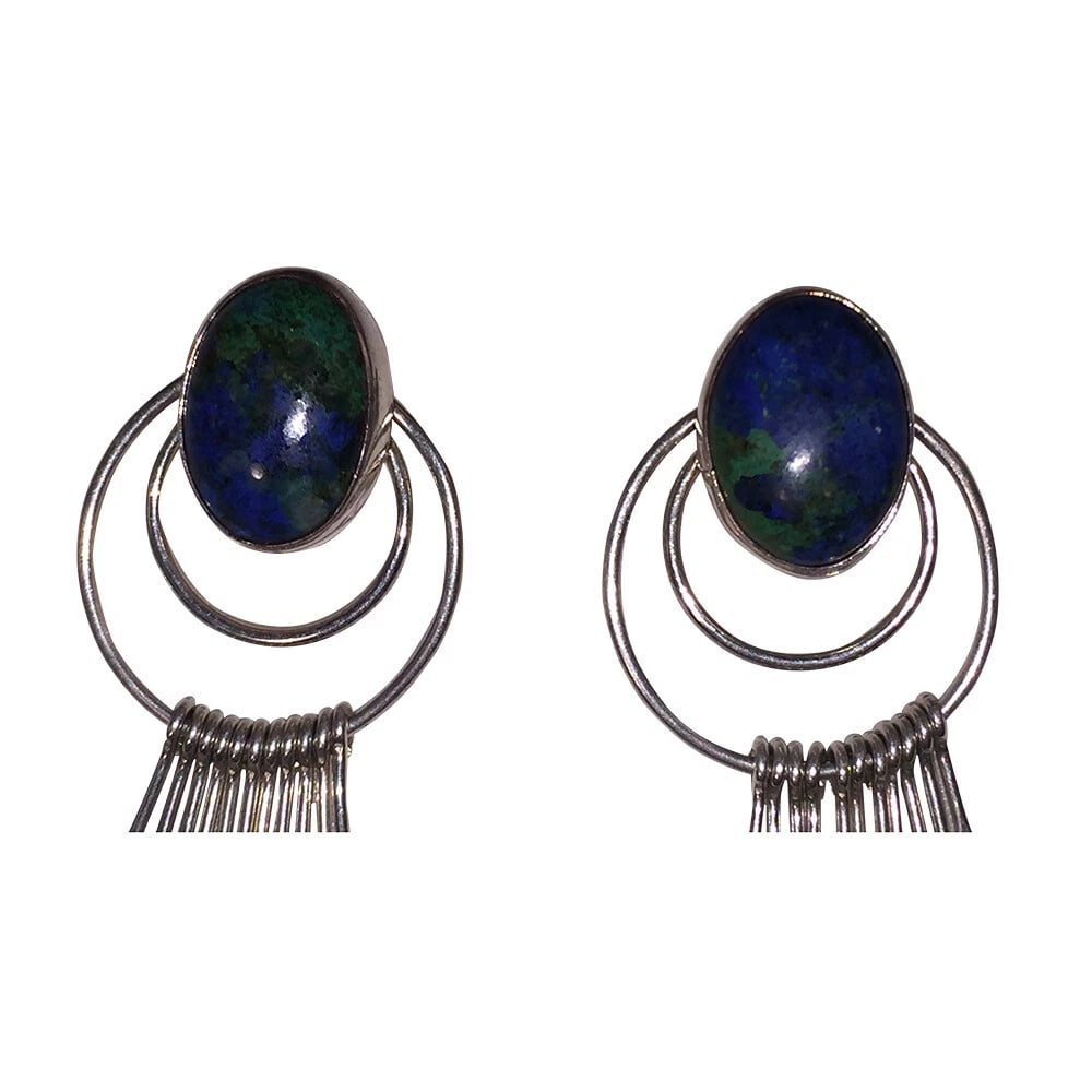 Sterling Bezel Set Chrysocolla Cabochon Dangle Chandelier Earrings - 4