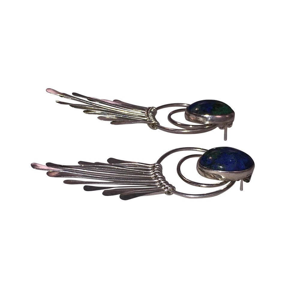 Sterling Bezel Set Chrysocolla Cabochon Dangle Chandelier Earrings - 5