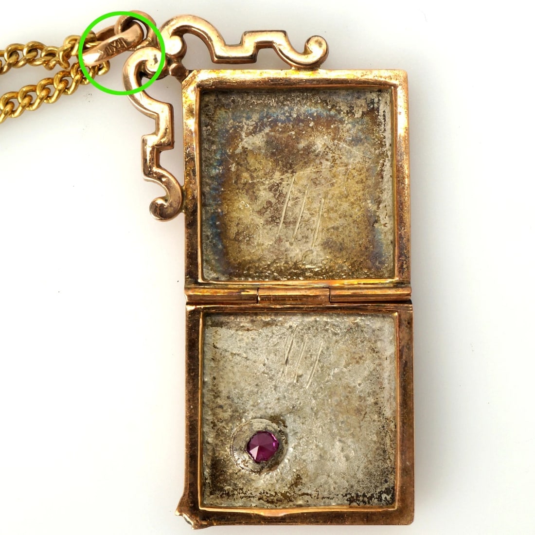 Gold Fill Garnet Locket/Charm on Chain 1920's - 4