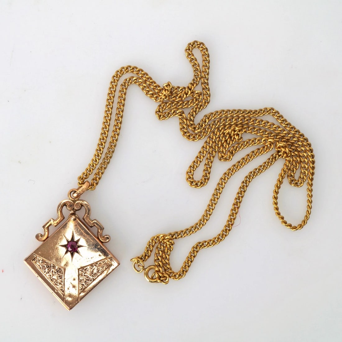 Gold Fill Garnet Locket/Charm on Chain 1920's - 5