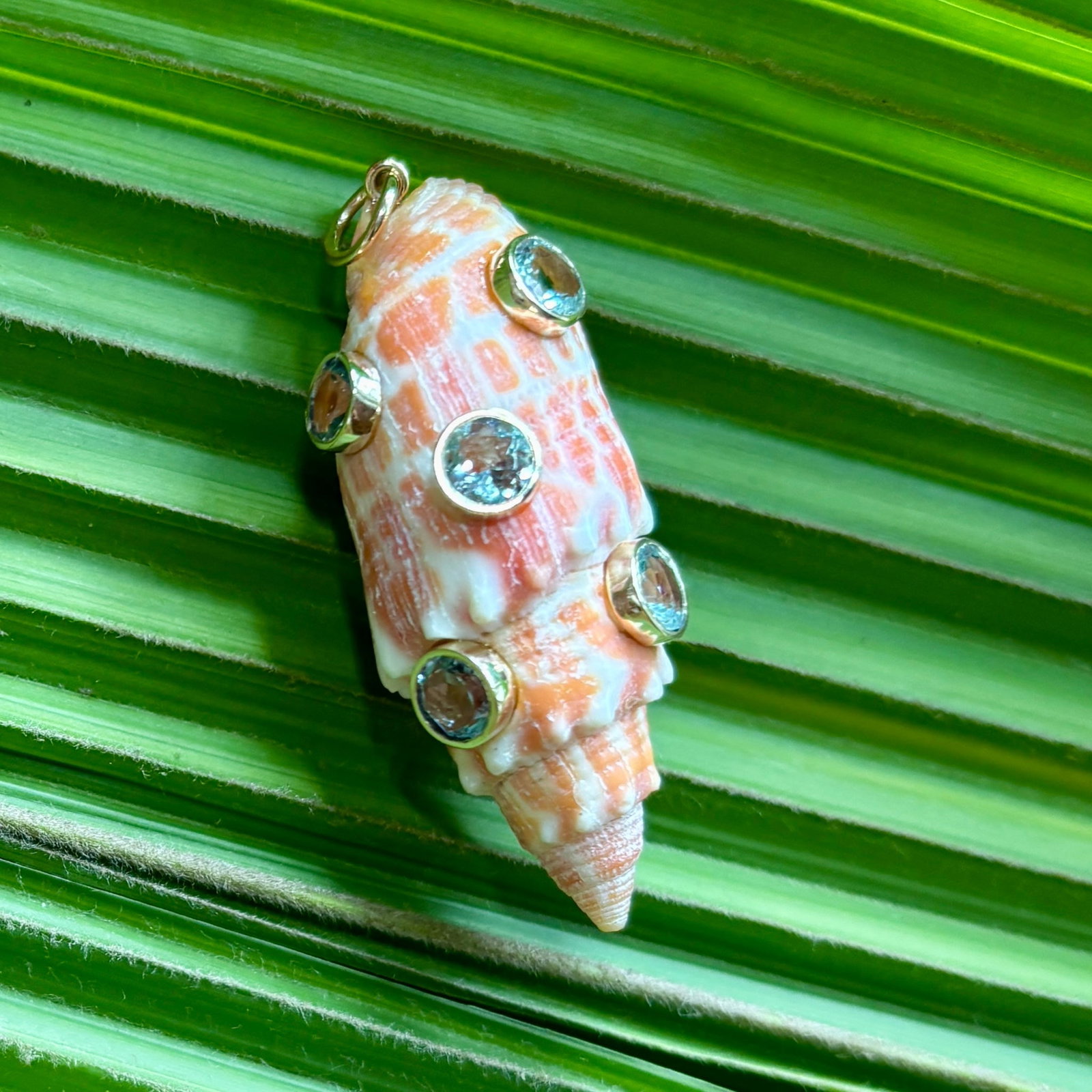 10-karat Gold Mitre Shell Pendant with Aquamarines: Title:10-karat Gold Mitre Shell Pendant with Aquamarines Description:Gold-set Aquamarines dot this darling and special Mitre Shell Pendant - 10-karat Gold - 2" long Reserve: $960.00 Shipping: Domestic