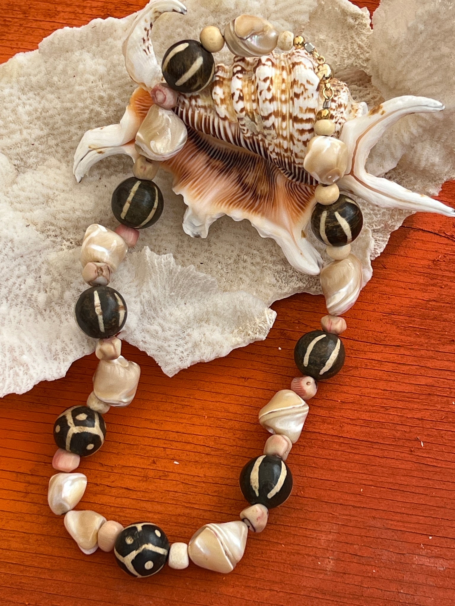 African Mali Beads with Cut Clam Necklace - 2