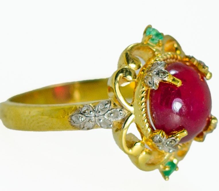 18K Gold-Plated 925 Silver Diamond Ring with Ruby & Emerald – Size 57.5 - 2