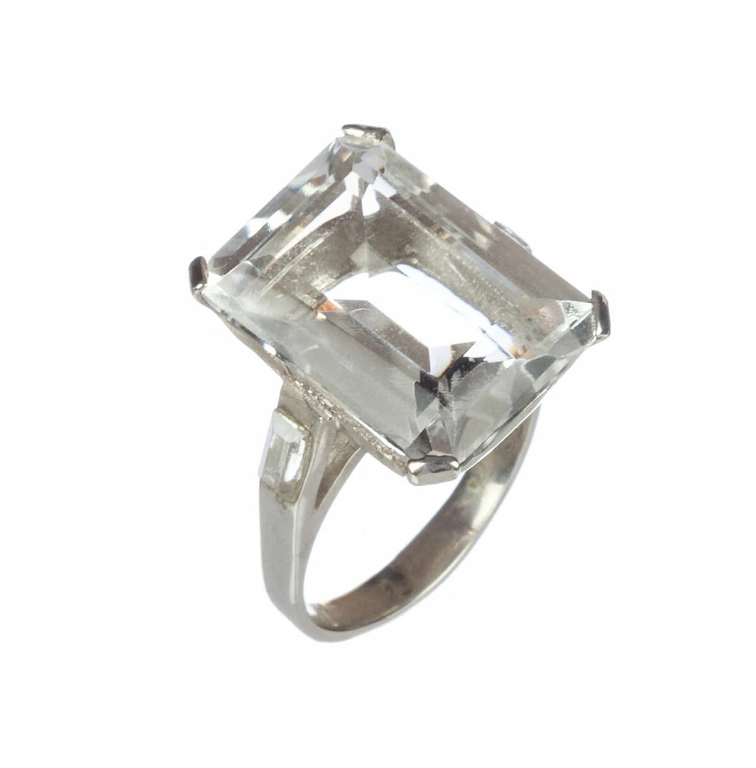 Massive Sterling Silver Emerald Cut Rock Crystal Quartz Cocktail Ring Baguettes - 3