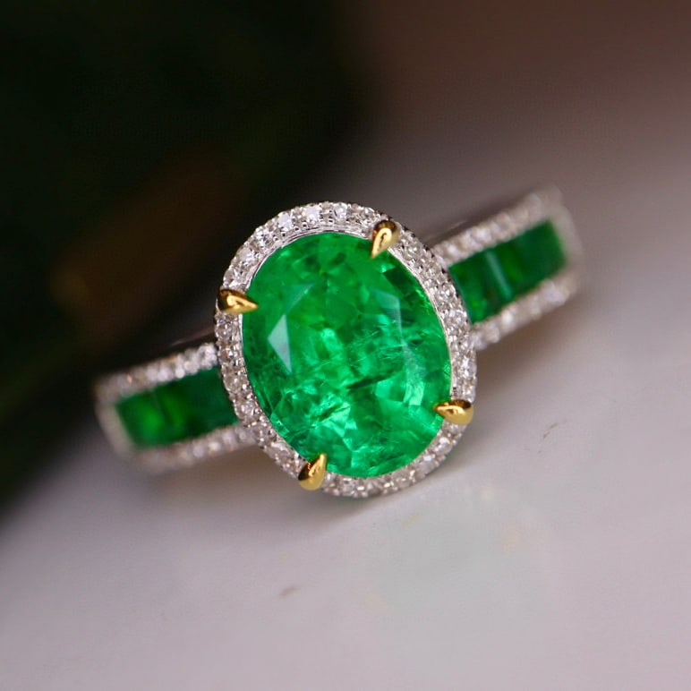 14K GOLD 1.64 CTW VIVID GREEN NATURAL EMERALD & DIAMOND RING - 2