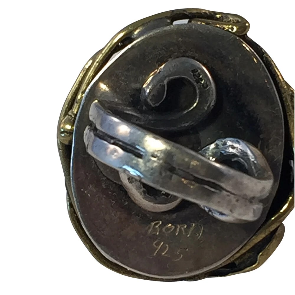 Artisan Signed Druzy Quartz Brass & Sterling Ring - 6