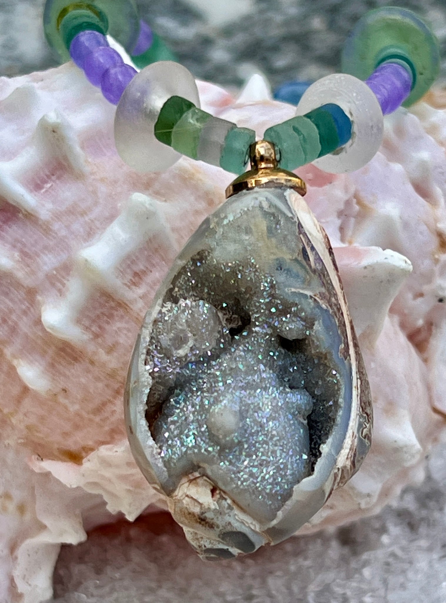 Orchid Onyx Necklace with a Fossil Pendant - 2