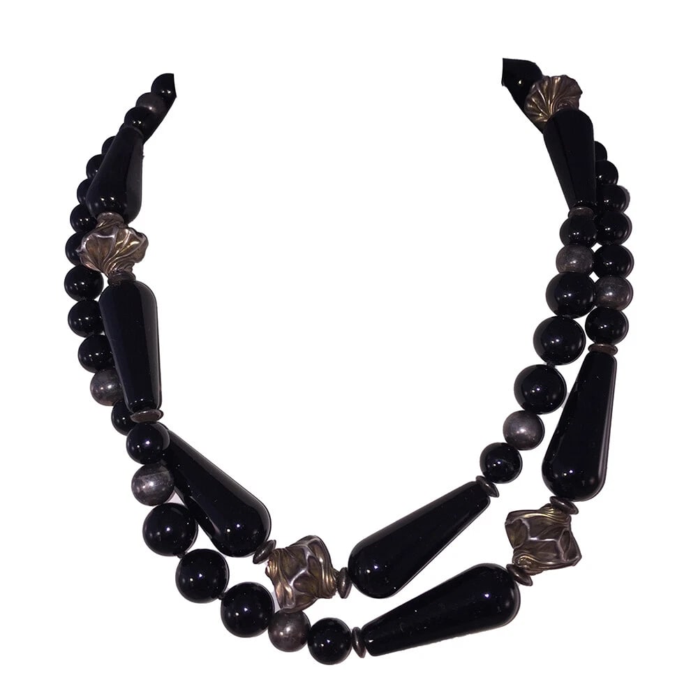 Carved Black Onyx and Sterling Silver Opera Length Bead Necklace - 2