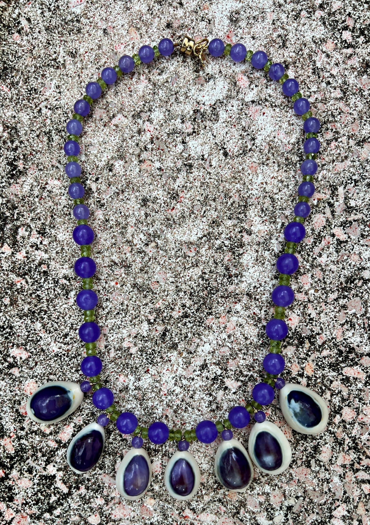 Orchid Onyx Bead Necklace with Cyprea Shells - 2