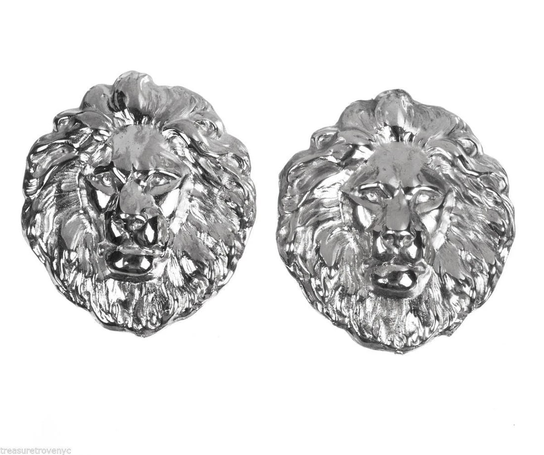 Sterling Silver Plated Brass Massive Royal Lion Earrings Alberto Juan - 2