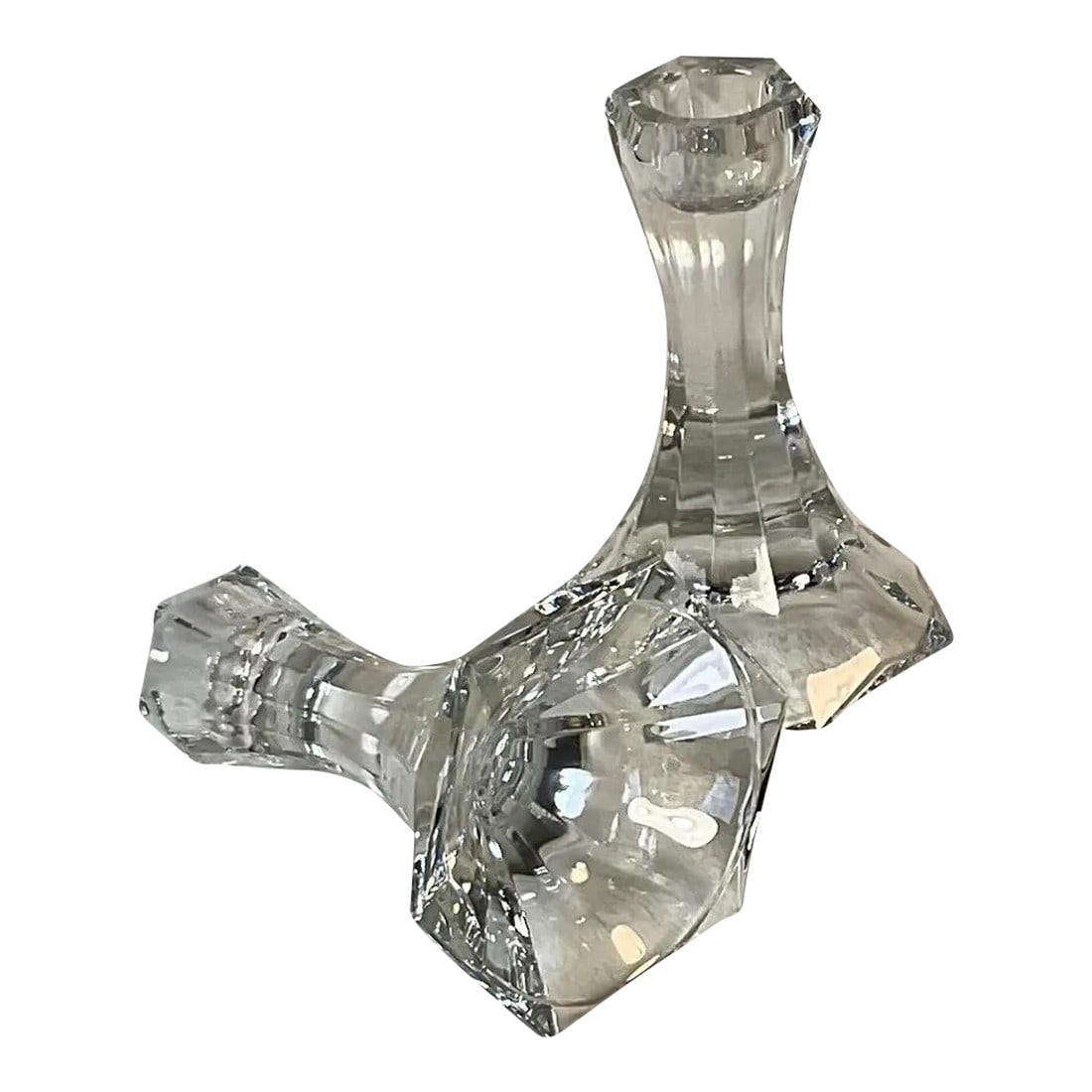 Tiffany Style 5" Hexagon Crystal Candle Holder Candlesticks, Pair: Elegant set of 2 (pair) clear lead crystal candlesticks with a hexagon base and faceted sides. Quite healthy in weight, 1 pound each piece. No maker's mark present. Condition: Alterations: Original Co