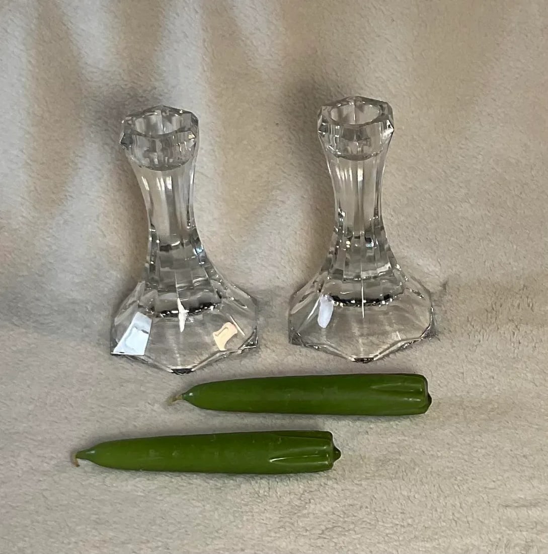 Tiffany Style 5" Hexagon Crystal Candle Holder Candlesticks, Pair - 6