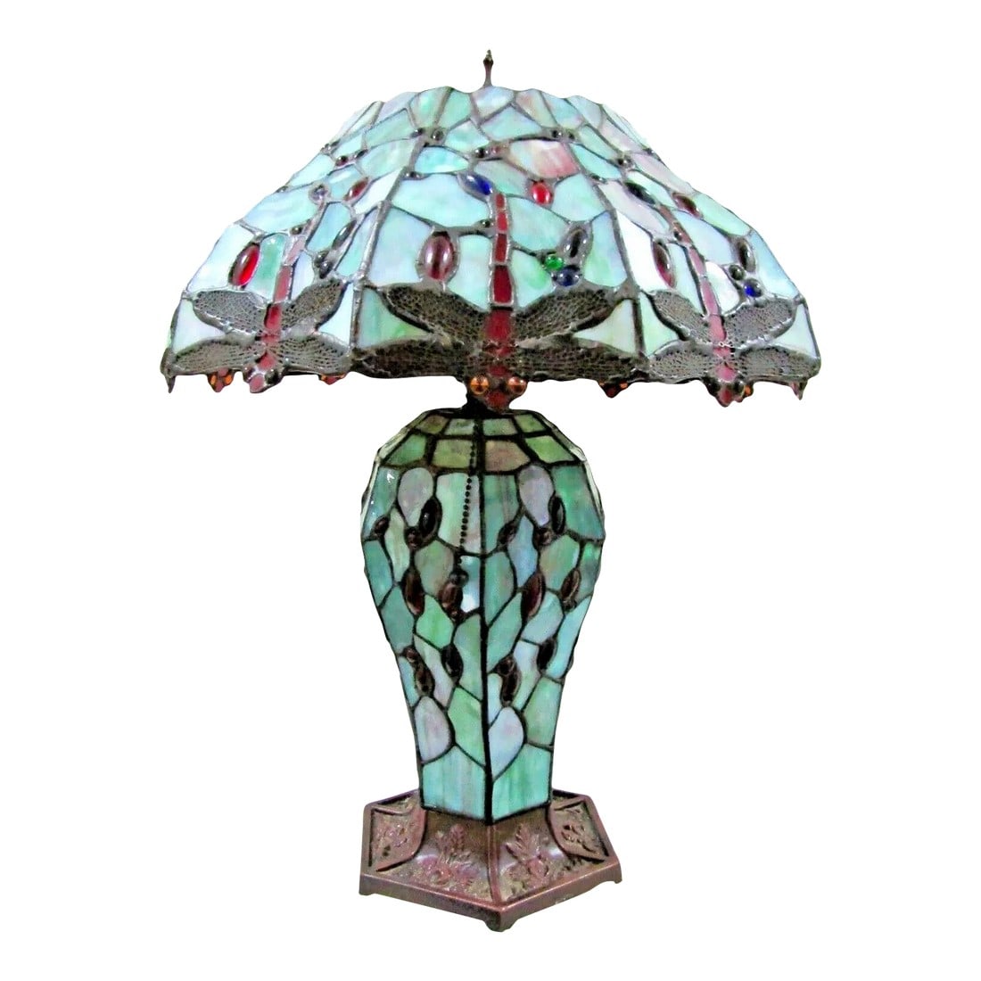1980s Tiffany Style Dragonfly Stained Glass Body and Shade Dual Light Table Lamp (1 of 8)