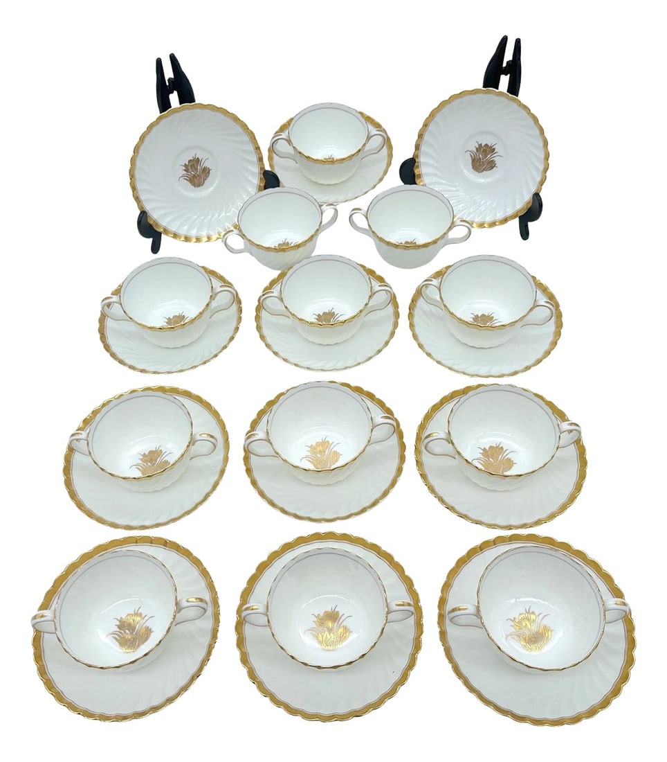 12 Tiffany & Company Mintons 'Gold Crocus' Pattern Twin handled Cups & Saucers: 12 Tiffany & Company Mintons 'Gold Crocus' Pattern Twin Handled Cups & Saucers, England Circa 1950 This exquisite set of 12 Mintons 'Gold Crocus' twin-handled cups and saucers is a rare find,