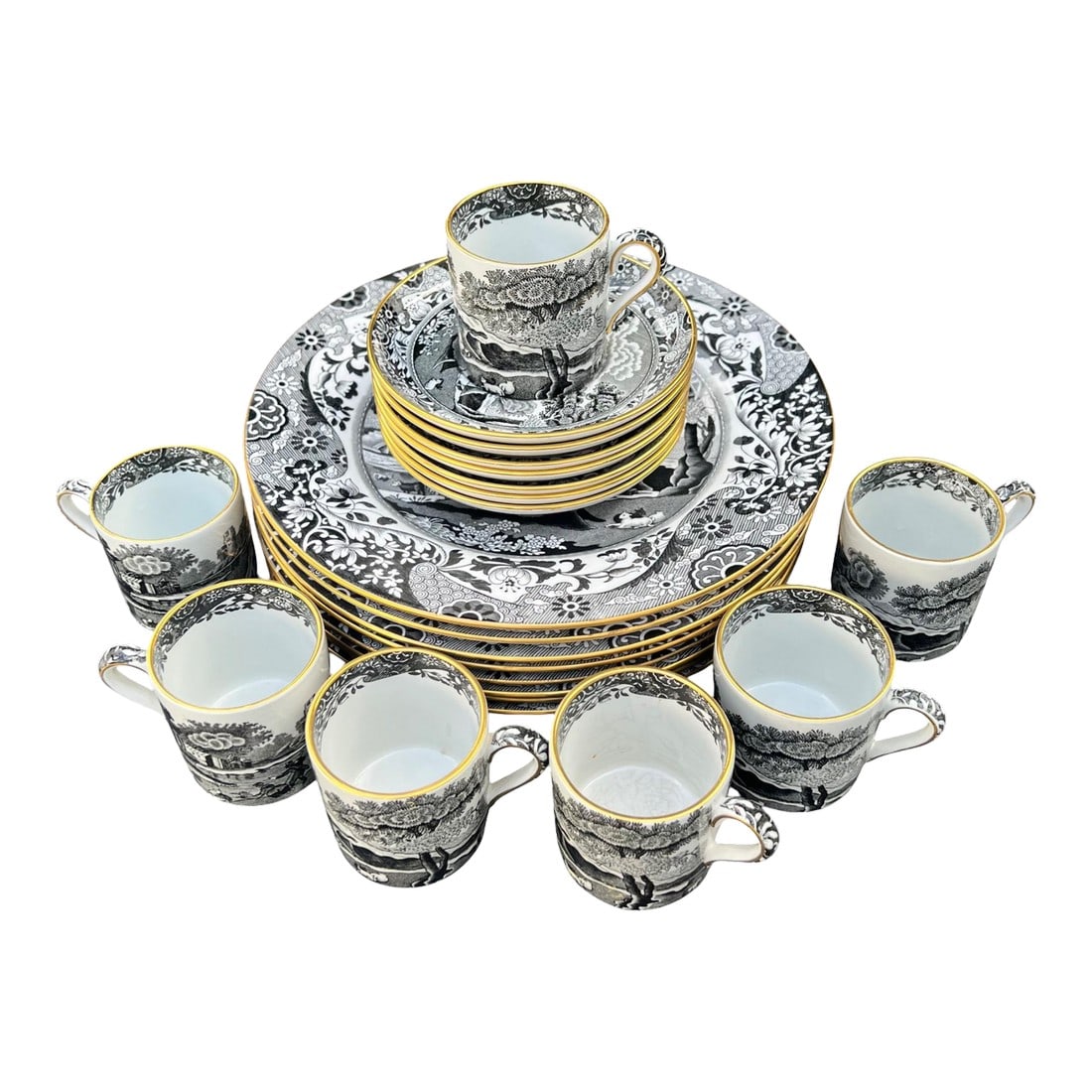 1940s Tiffany & Co.'s Spode "Italian" Pattern Demitasse & Dessert Set: A rare 22-piece Tiffany & Co. bone china set made by Copeland Spode in their black and white "Italian" pattern. The transferware scenes of classical ruins and pastoral landscapes depict an idealized