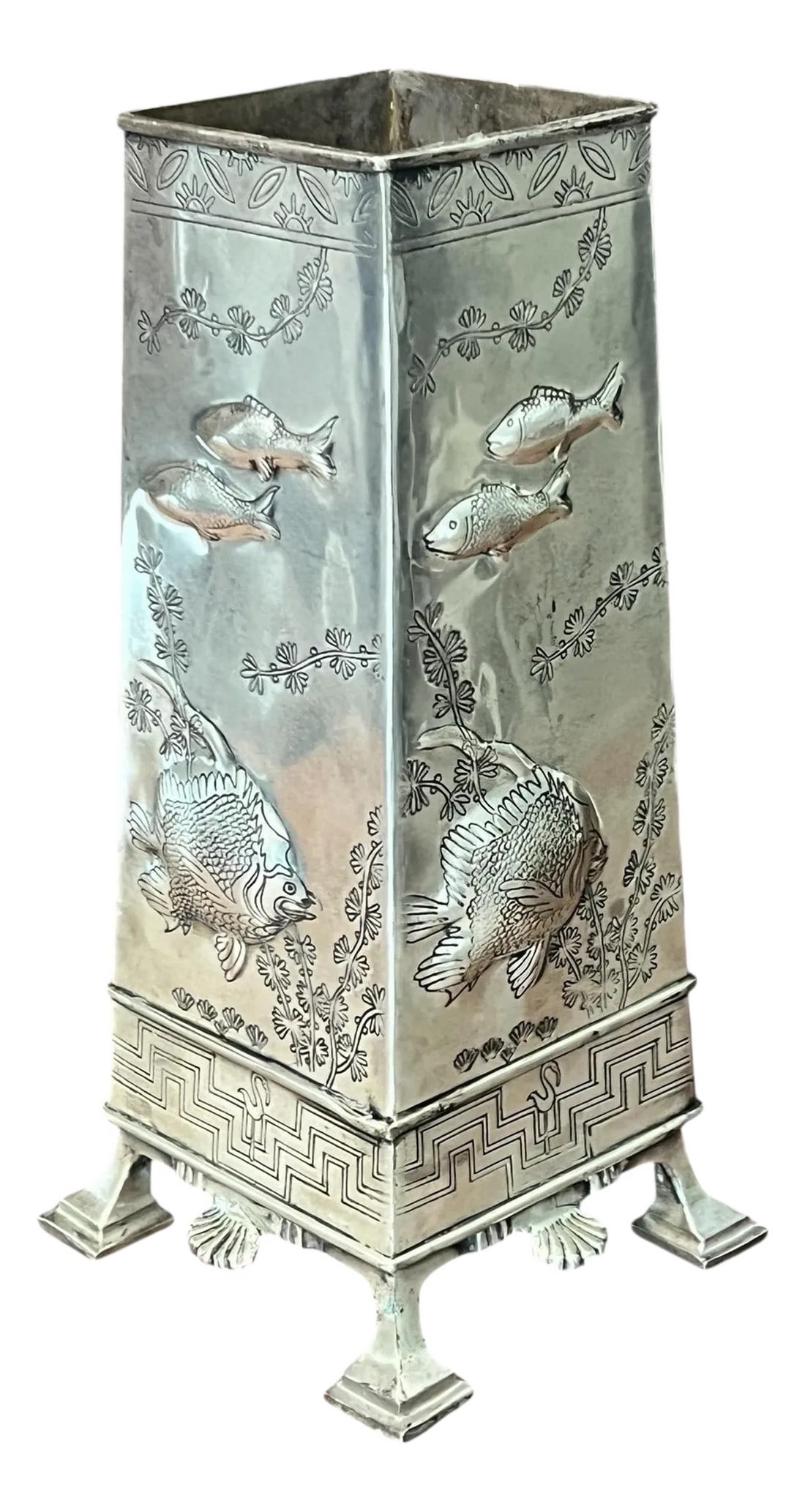 Vintage Footed Tiffany Style Silver Plate Vase With Sea Life Design and Greek Key Border.: Vintage coastal Tiffany style silverplate square footed vase. Sea life design is embellished with a greek key design above the feet. Measures 5.5" square at feet, vessel 4.25" square at bottom and