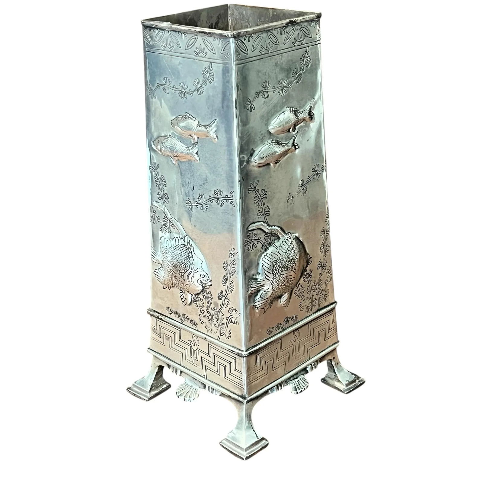 Vintage Footed Tiffany Style Silver Plate Vase With Sea Life Design and Greek Key Border. - 4