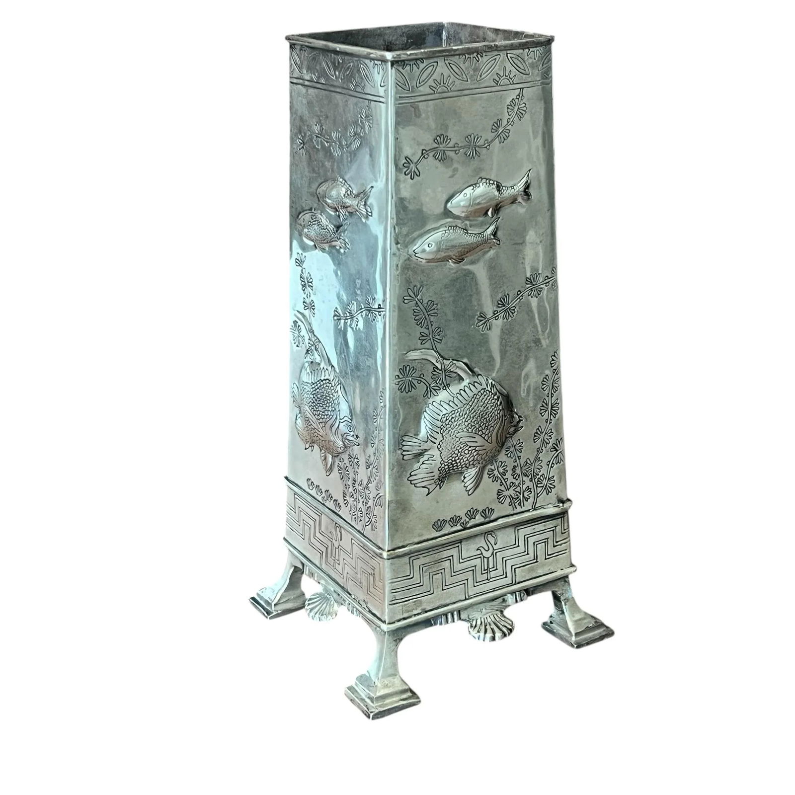 Vintage Footed Tiffany Style Silver Plate Vase With Sea Life Design and Greek Key Border. - 5