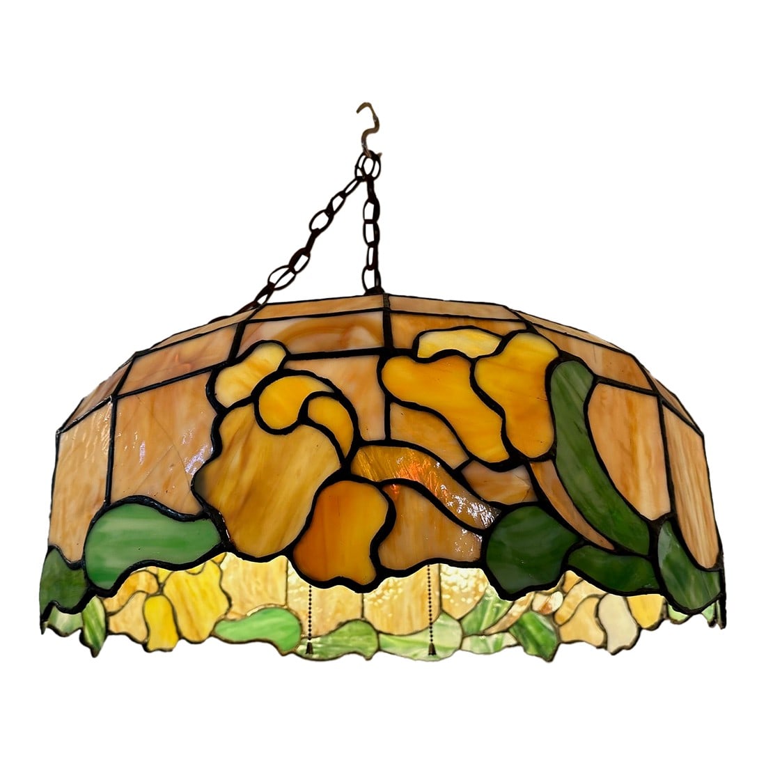 Tiffany Style Leaded Glass Chandelier: Beautiful leaded glass Tiffany style chandelier in earth colors with a glowing effect. Canopy included 2 lights 18" Chain Condition: Alterations: Original Condition Unaltered Imperfections: Some