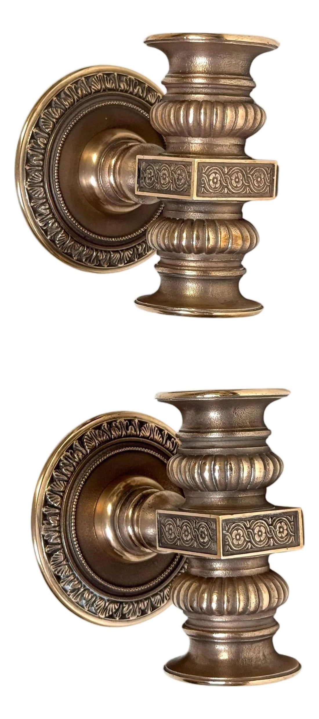 Pair of Tiffany Studios Style Two-Light Bronze Theatre Sconces, Circa 1900: Pair of Tiffany Studios Style Two-Light Bronze Theater Sconces United States, circa 1910–1925 This finely cast and chased pair of two-light wall sconces represents the height of American