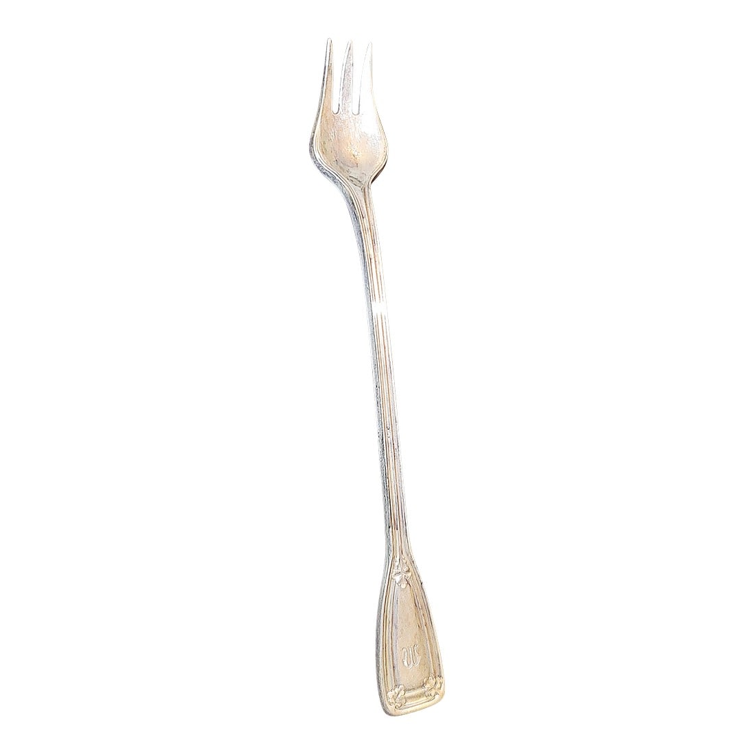 1940s Tiffany St Dunstan Style Sterling Silver Olive Fork Spork: Elegant solid sterling silver St Dunstan olive fork by Tiffany, find condition and a nice feel in the hand. A nice 'M' monogram. Slight patina-will polish if desired prior to shipping. ~.83troy ounces