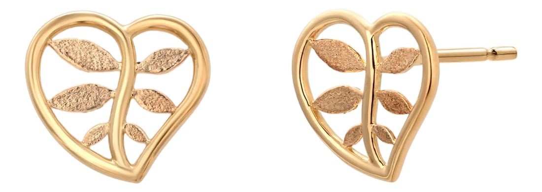 Vintage Tiffany and Co. 18k Yellow Gold Heart and Botanical Earrings, A Pair: A rare vintage treasure from Tiffany & Co., these luminous 18k yellow gold earrings feature a tender heart entwined with a botanical motif"”symbols of love and growth captured in precious