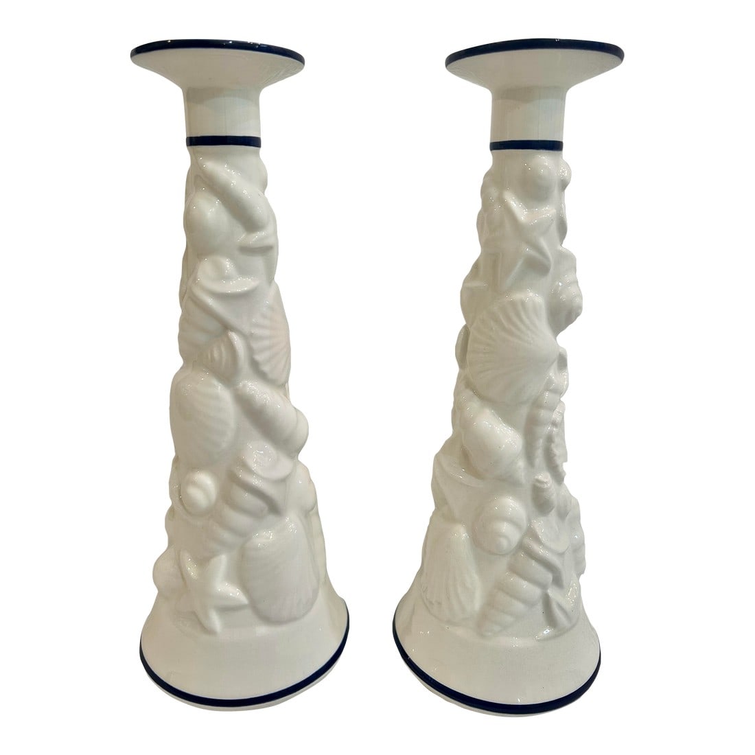 1970's-1980's Este for Tiffany and Co. Italian Porcelain Nautical Candlestick Holders- A Pair: In the 1970's and 1980's Tiffany imported a collection from Italy which was a luxury coastal decor line. Made of porcelain by Este Ceramiche, these candleholders are decorated with marine life and sim