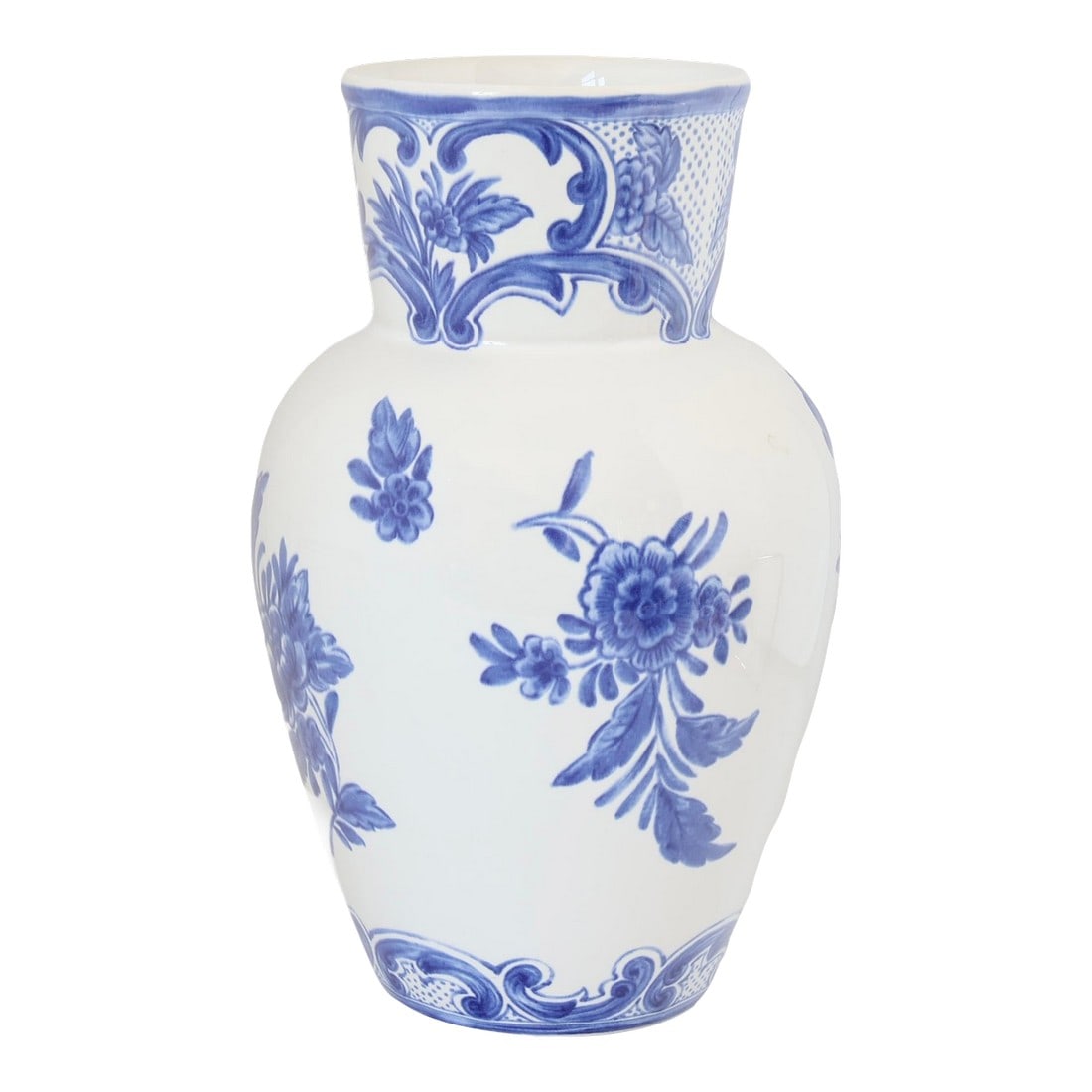 Tiffany & Co. Blue & White Delft Vase: A statement in blue and white "” this Tiffany & Co. Delft-style vase (made in Portugal, 1989) reimagines classic Dutch pottery with Tiffany's polished precision. Bold cobalt florals and clean