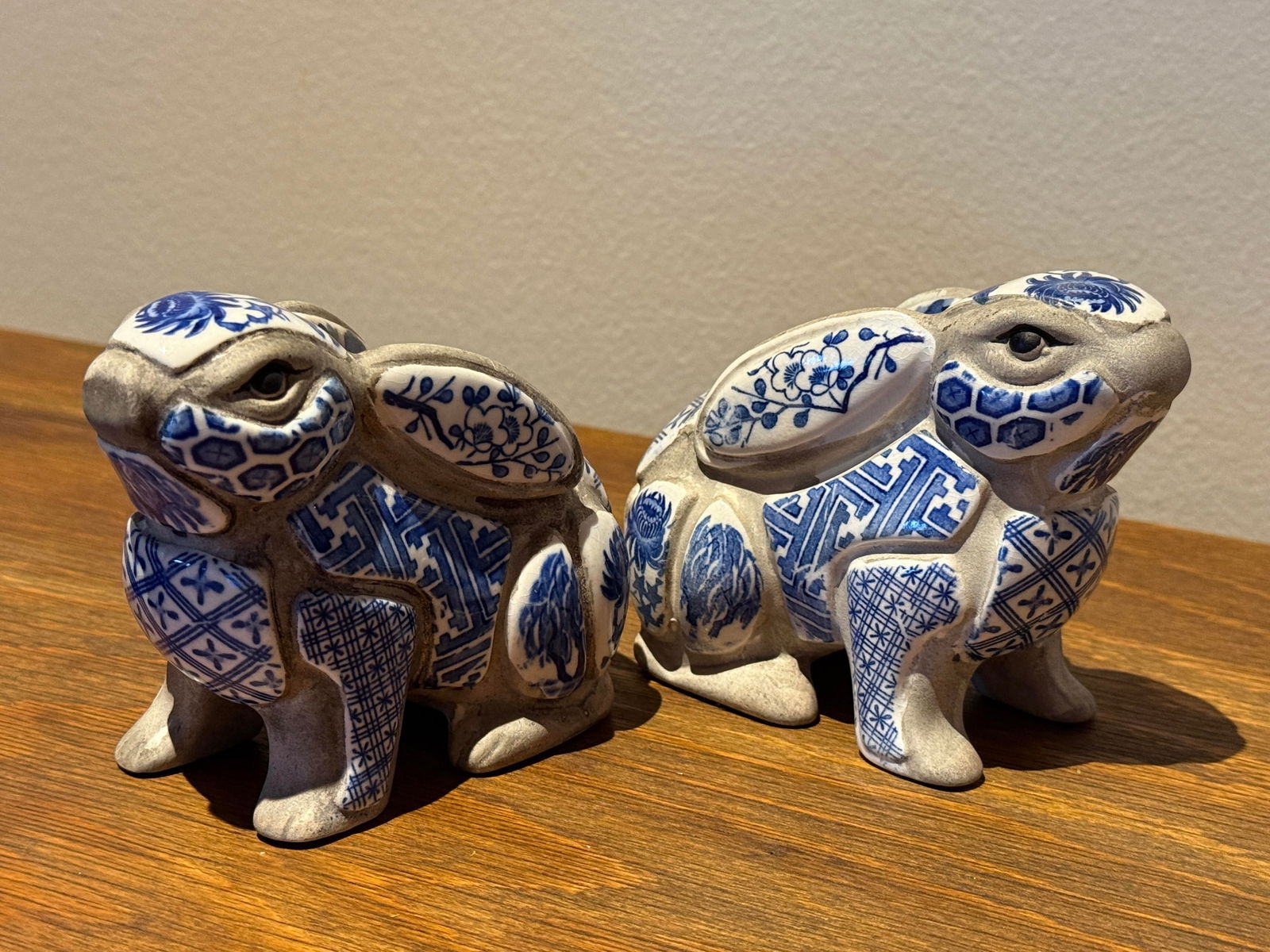 Blue and White Rabbit Candle Stick Holder Set Created by Artist Nancy Lopez in the 1980s Sold Throug - 2