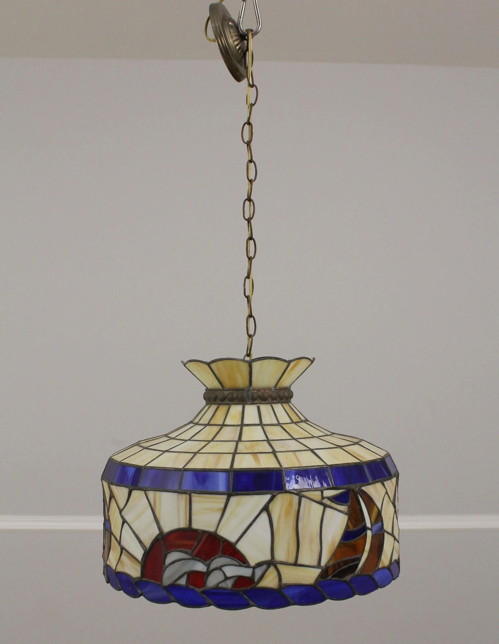 Vintage Tiffany Style Slag Stained Glass Chandelier - 11