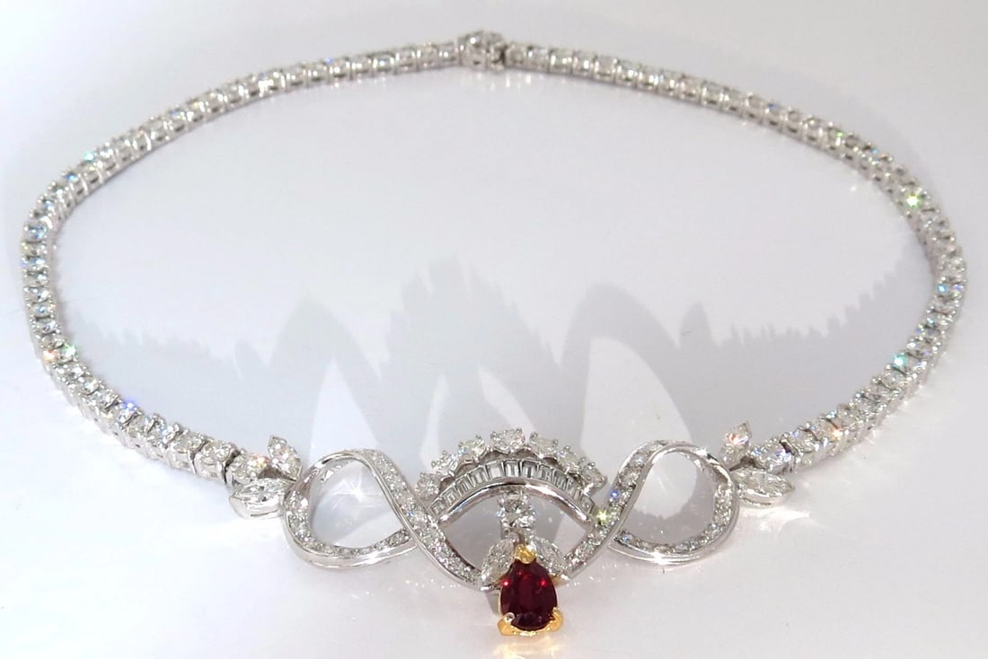 GIA Certified 21.19ct Natural Ruby Diamond Necklace Platinum **: Title: GIA Certified 21.19ct Natural Ruby Diamond Necklace Platinum ** Description: GIA 1.19ct. Natural Ruby & 20.00ct diamonds necklace. The Vintage Elegance. GIA #1152940016 Pear Shape, Full cut