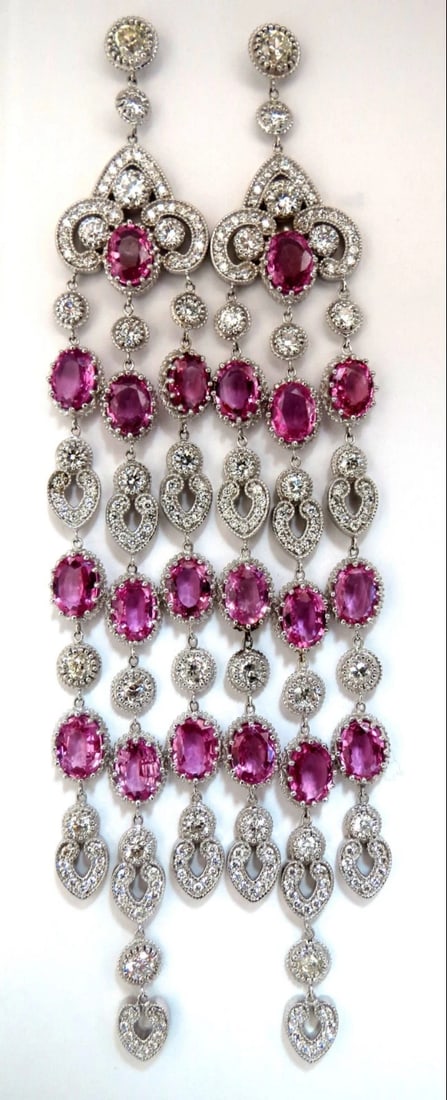 34.68ct Natural Pink Sapphire Diamonds Chandelier Earrings 18 Karat Dangle**: Title: 34.68ct Natural Pink Sapphire Diamonds Chandelier Earrings 18 Karat Dangle** Description: MAGNIFICENT JEWELS Prime Elegance: 26.69ct. Natural Sapphires Gorgeous brilliance Fully Faceted Oval