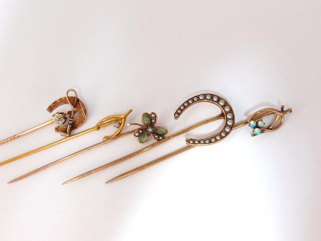 LOT OF (6) ANTIQUE HAT PINS COLLECTOR CLASSIC HORSESHOE JOCKEY CLOVER 14kt** - 2