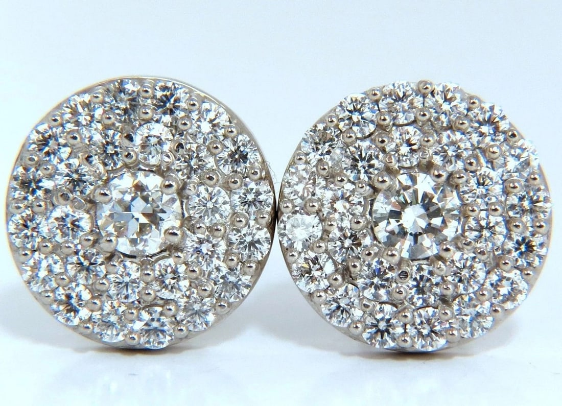 4.26ct natural round diamonds cocktail cluster earrings 14kt g.vs**: Title: 4.26ct natural round diamonds cocktail cluster earrings 14kt g.vs** Description: Circular Double Row, Cocktail Cluster 4.26ct. Natural diamonds Rounds, Full cut brilliants. G- color Vs-2