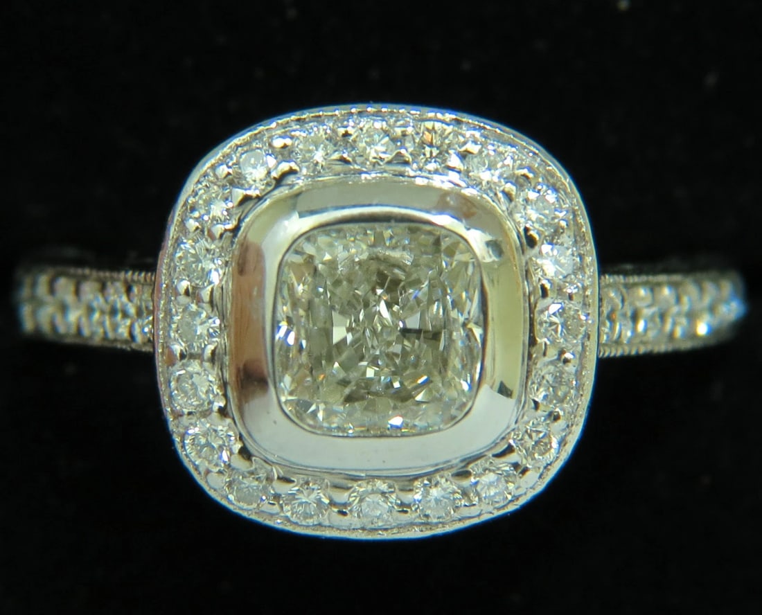 GIA 2.63CT HALO CUSHION CUT DIAMOND RING PLATINUM I/VS1+: Title: GIA 2.63CT HALO CUSHION CUT DIAMOND RING PLATINUM I/VS1+ Description: ONLY MAGNIFICENT JEWELS The Classic Set 1.23Ct. GIA certified Cushion Cut diamond I-color, Vs-1 clarity Please see report i