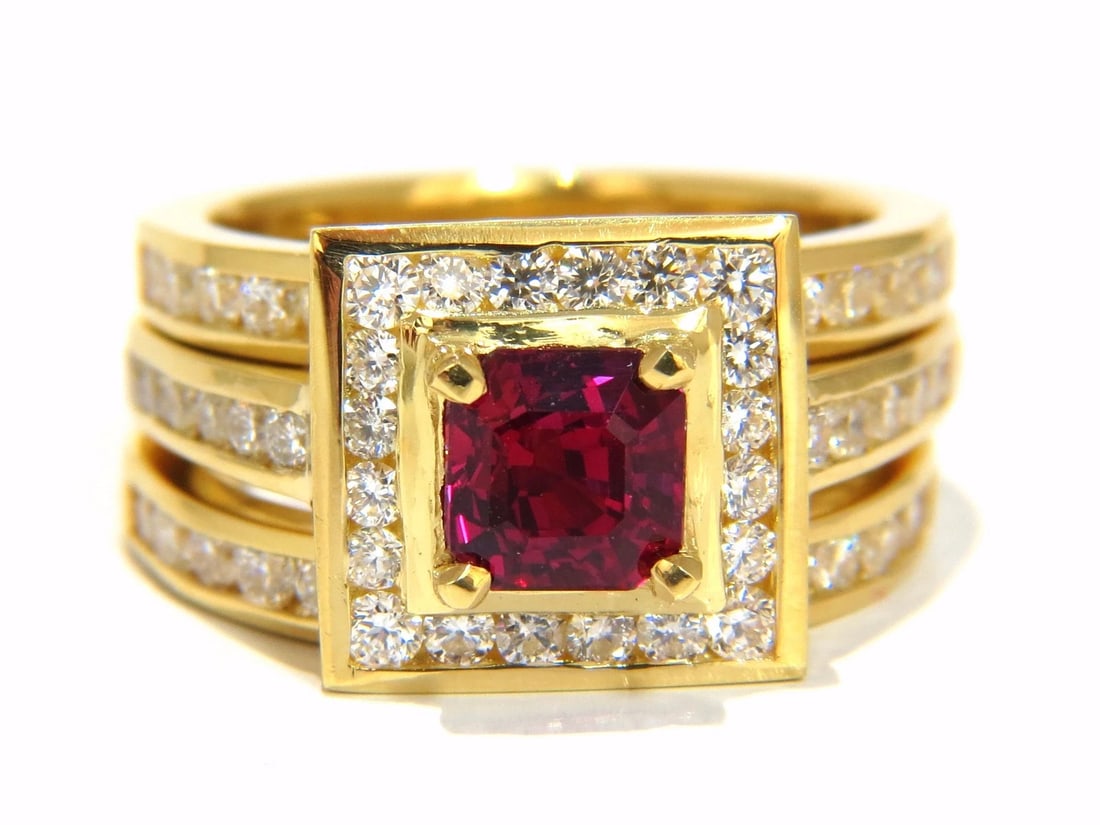 GIA Certified 1.51ct Asscher cut vivid red ruby 2.00ct diamonds ring 18kt+ - 2
