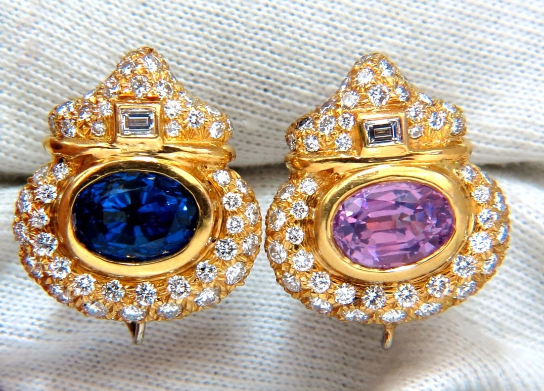 AGL Certified 10.75ct natural pink & blue sapphire diamond earrings 18kt**: Title: AGL Certified 10.75ct natural pink & blue sapphire diamond earrings 18kt** Description: Classic Royal Victorian Palmette Deco Cluster earrings AGL Certified # CS 57780A&B Natural sapphire Ceylo