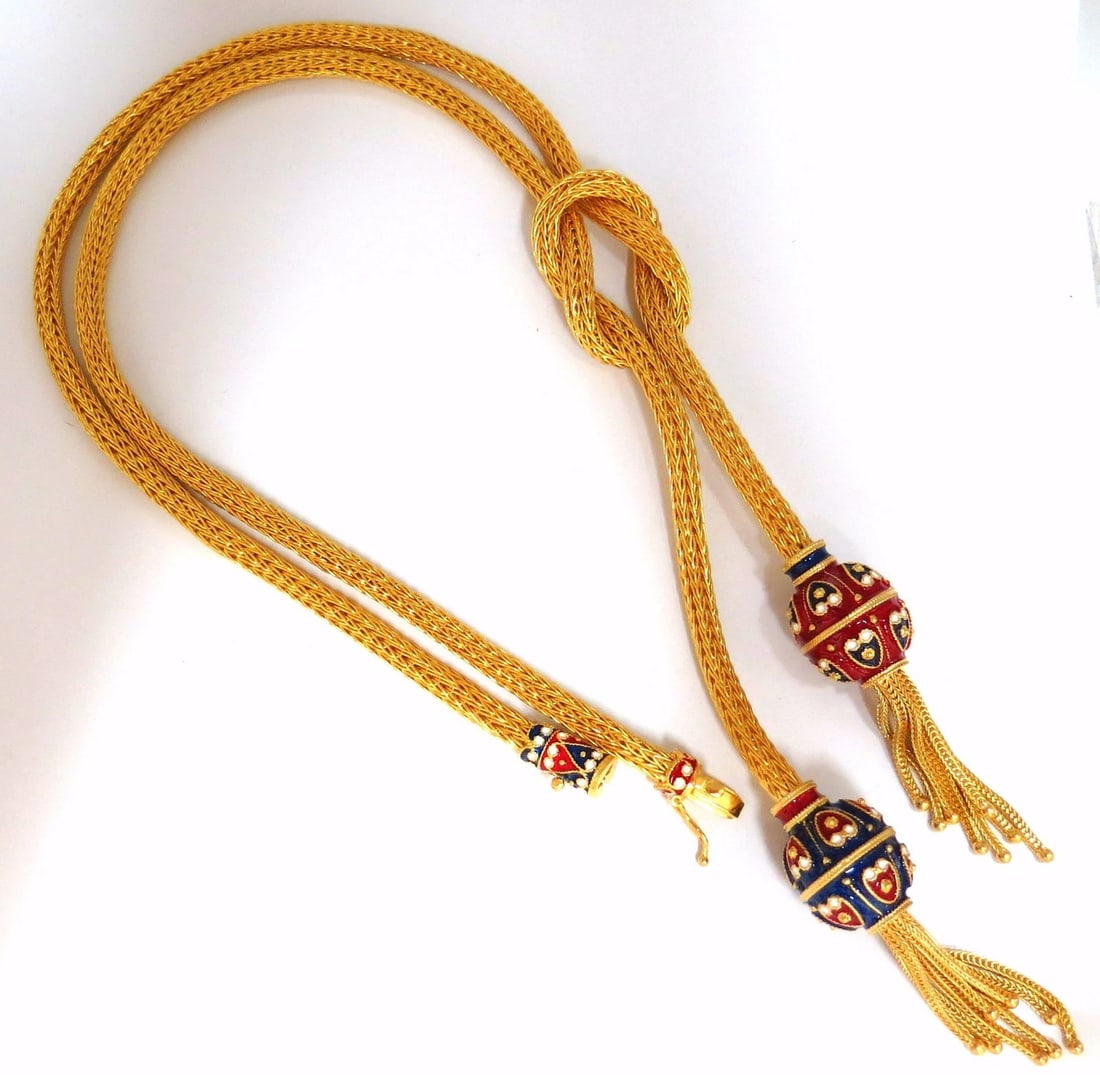 18kt Sailor's Knot Enameled Weave Necklace Long Bolo Tassel Deco 132 grams **: Title: 18kt Sailor's Knot Enameled Weave Necklace Long Bolo Tassel Deco 132 grams ** Description: Sailor Knot Tight Endless Long Bolo Tassel Necklace Intricate Intertwined Detail Necklace: 24 Inches