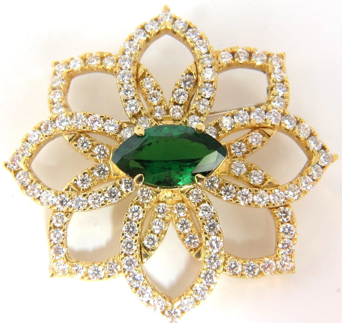 GIA CERTIFIED 7.63ct. NATURAL GREEN MARQUISE TSAVORITE DIAMONDS BROOCH PIN 18k**: Title: GIA CERTIFIED 7.63ct. NATURAL GREEN MARQUISE TSAVORITE DIAMONDS BROOCH PIN 18k** Description: Tsavorite & Petals. Handmade 3D raised Brooch GIA Certified: 4.83ct. Natural Green Tsavorite Marqui